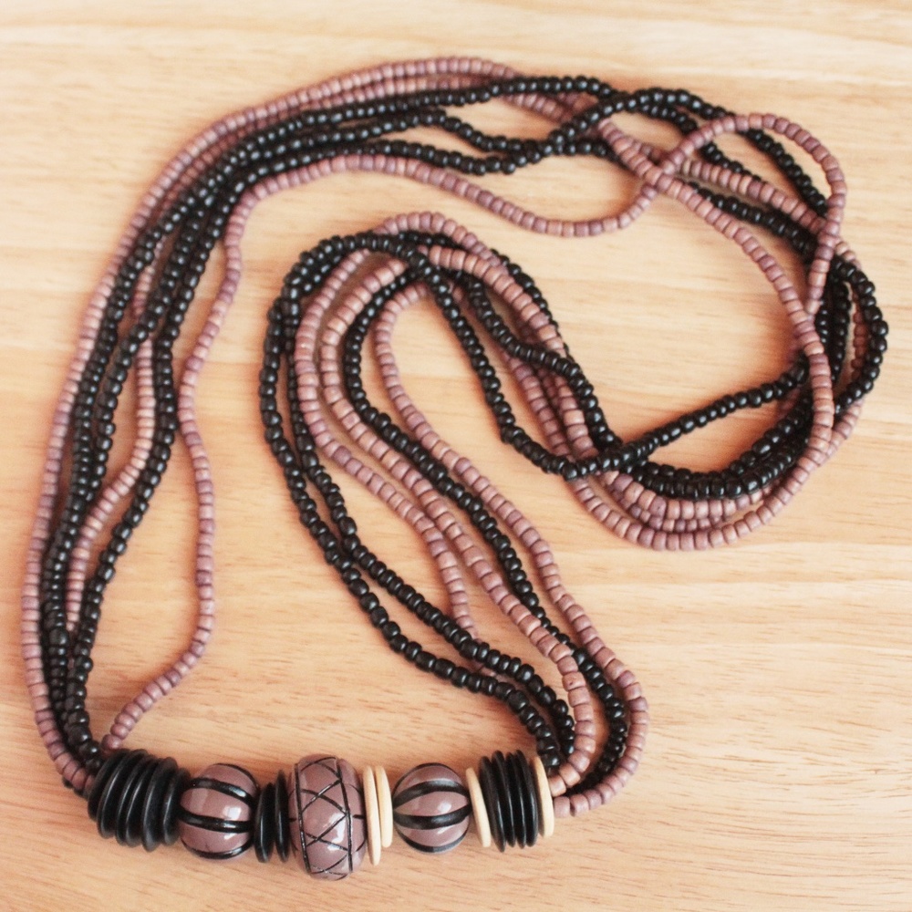 Boho Bohemian Beaded Nut Wood Carved Black Brown Disc Carved Necklace